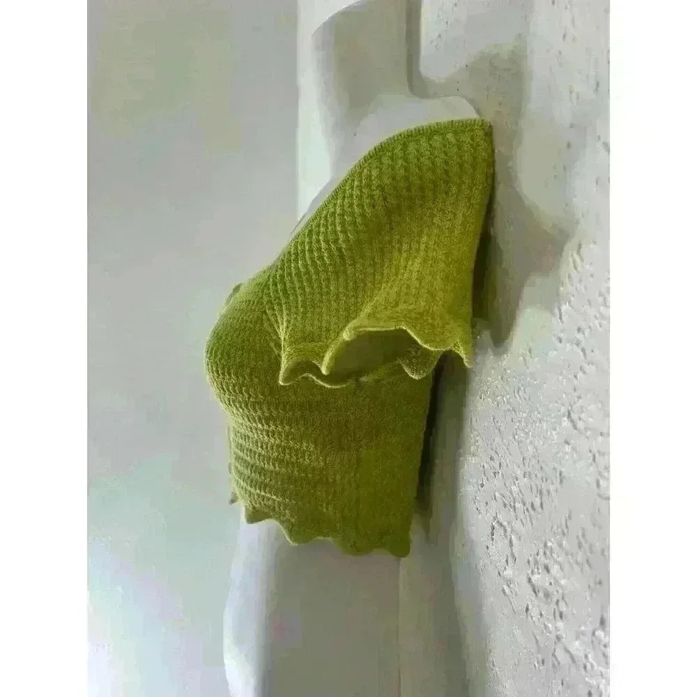 Zara Women's Off The Shoulder Cropped Sweater Size Small Lime Green Stretch Knit